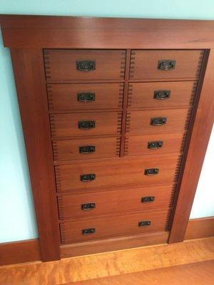 Built-in chest of drawers made of old growth redwood. San Francisco/Oakland/Northern California Custom Woodworker Carpenter Lou Kern.