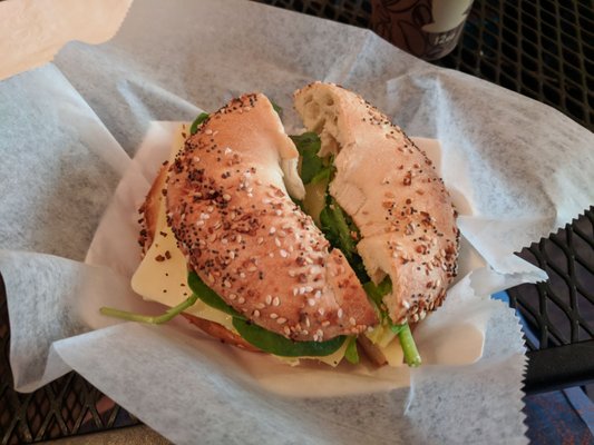 Egg and Cabot cheddar, add spinach, on an everything bagel