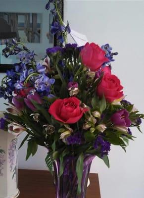 Beautiful arrangement created based on my request for something with a lot of purples.  Thank you!