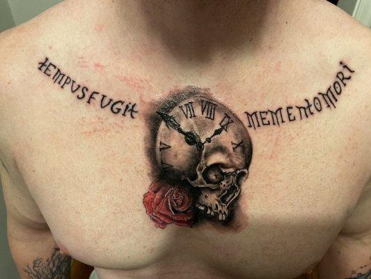 Ancient Art Tattoo Studio, chest tattoo, skull, rose, clock, Latin