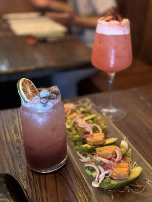 Pretty in Purple drink, monkfish liver appetizer and Strawberry Blitz