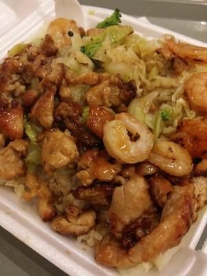 Teriyaki chicken and shrimp plate with brown rice