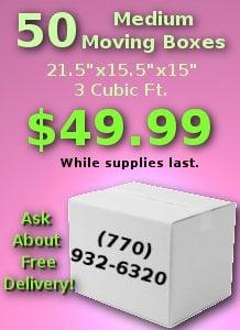 50 Medium Moving Boxes (3 cubic ft) 21.5x15.5x15 for $49.99