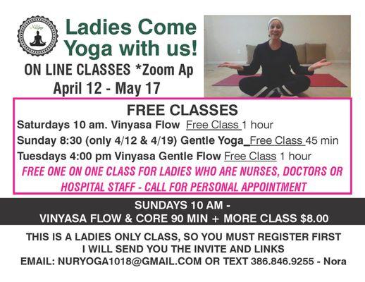 APRIL 12 TO MAY 17 *Women only 3 Free Online  Group classes Zoom Ap 1 90 min + more ($8)