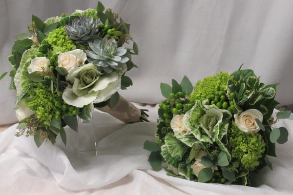 Beautiful  natural bridal bouquet and attendants bouquet with hydrangea, kale, hypericum and succulents.