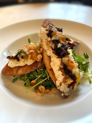 Star of our Meal: Golden Beet Puree Crostini with goat cheese, balsamic glaze, and toasted walnuts over a watercress salad