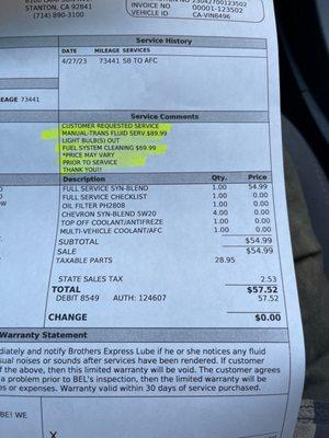 Receipt for complete service oil change