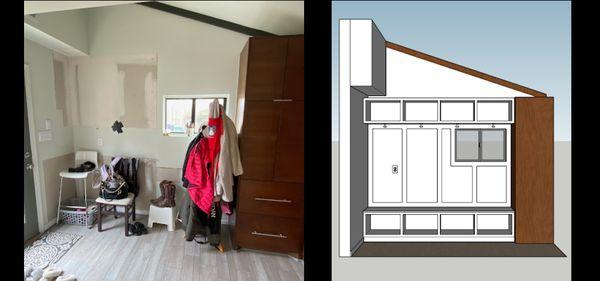 Custom 3D render for mudroom built-in with cubbies and bench.