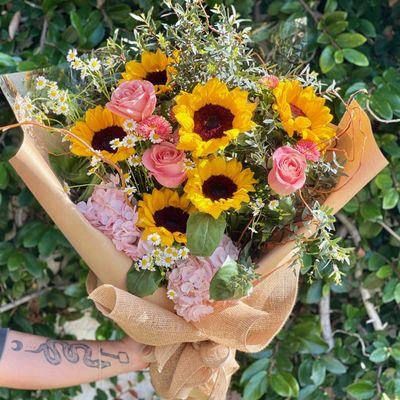 "Sunflower Sunshine Bouquet" wrapped in burlap!