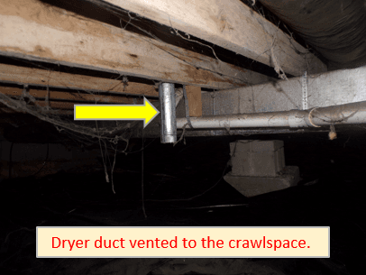 This dryer duct was found to be vented to the crawlspace. Dryer vents need to be vented to the exterior of the home.