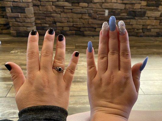 Black is gel, blue and silver are acrylics.