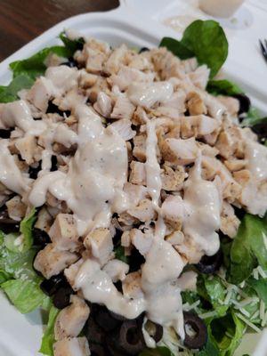 Chicken Caesar Salad with dressing (add ons: spinach and olives)