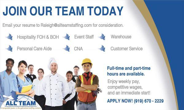 Apply today! https://apply.allteamstaffing.com