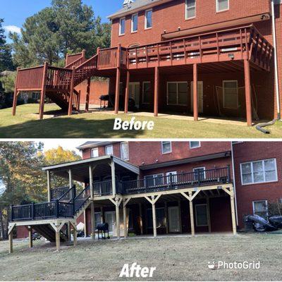 Pressure Treated wood deck with a slope roof cover, with Trex handrails.