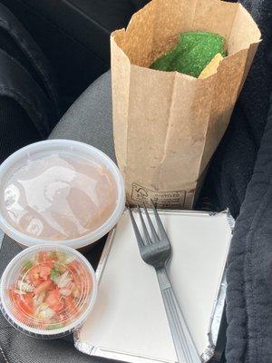 Side of beans, side of rice, cup of pico, bag of chips