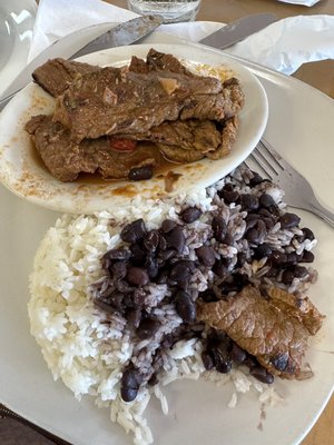 Beef stew, rice, black beans