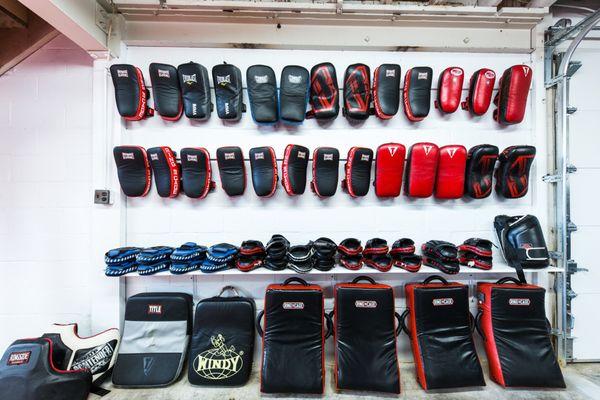 In addition to a large training area, we also have great deal of equipment like various striking pads for members to use