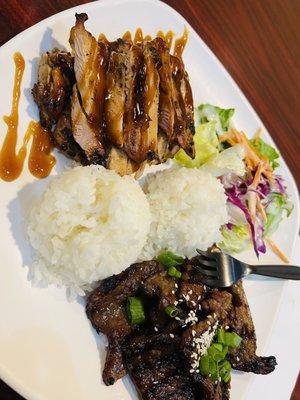 BBQ Chicken and Short Ribs Combo plate. With white rice and Salad