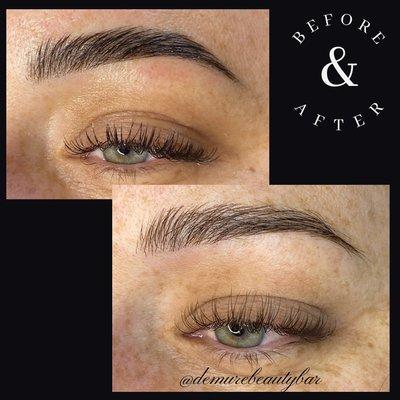 Demure Deluxe Brows with black lashes. & Month old brows with a change in lashes to brown.