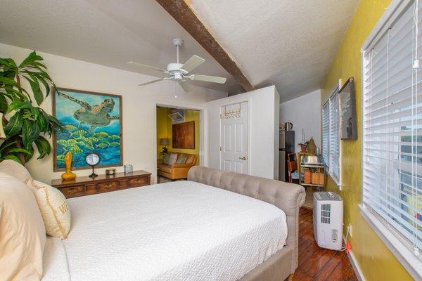 The bedroom of the Sunset Suite at Burns Square Historic Vacation Rentals.