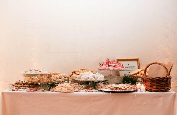 view of cookie table. homemade cookies dropped off in tupperware, Ashley & her team set up this beautiful display (photo © breanne furlong)