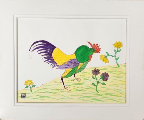 Colorful chicken in watercolor.  Matted ready for you to frame with a grouping.