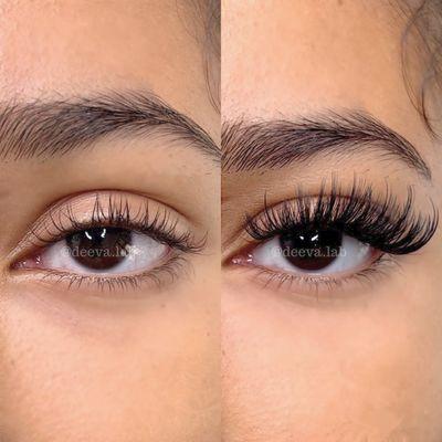 Before and after pic of eyelash extensions at DeeVa LAB.