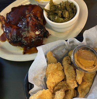 BBQ Chicken x Collard Greens x Catfish Bites--- Love the Chipotle Dip