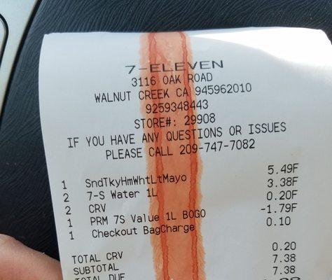 Receipt showing bag charge.