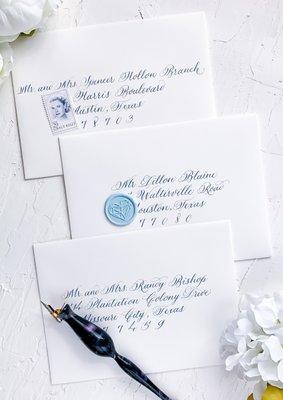 Classic white envelopes with my signature classic script with custom dusty blue ink