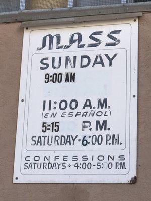 Mass schedule  Note: last Mass on Sundays is at 5:15 pm On Saturdays, at 6 pm