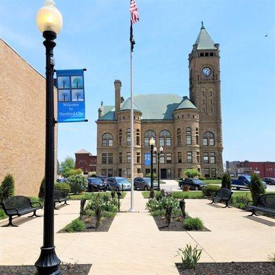 peaceful plaza for relaxing downtown just needs a little shade for those hot summer days