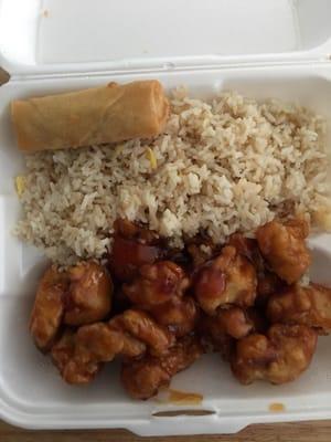 General Tso's combination platter with fried rice and spring roll