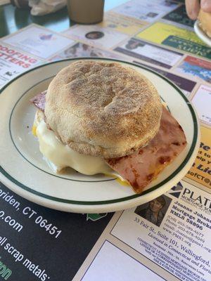 Egg, ham and cheese on an English muffin