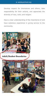 Screenshot from the "Program" section of the Wesley website. Link to "Adult/Student Boundaries" document circled in red.