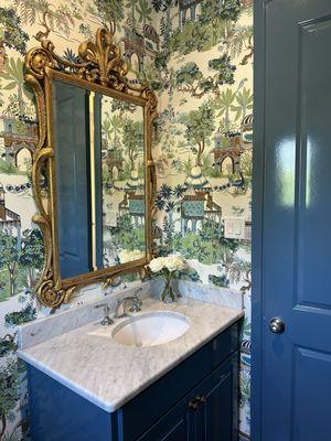 Gorgeous powder bath in Montserrat with full gloss paint and Thibaut wallpaper.  Stunning!!!