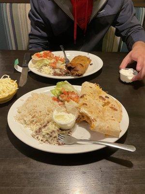 Chicken quesadilla and beef chimichanga