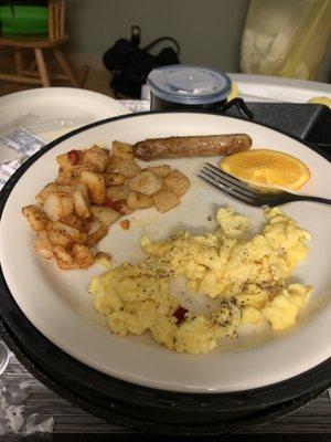 Breakfast: eggs, potatoes, turkey sausage