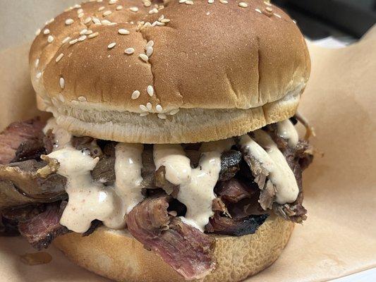 Brisket with Alabama white sauce