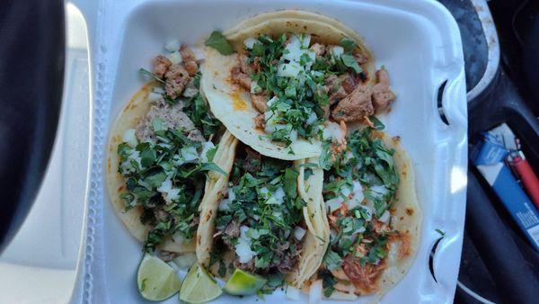 4 tacos (Al Pastor, Carnitas, Barbacoa, and spicy chicken)