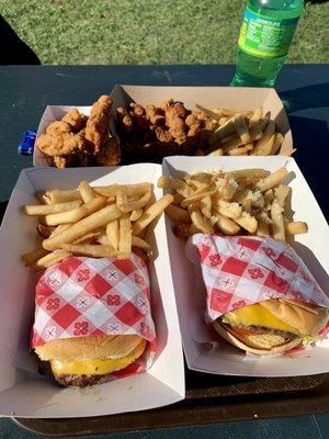 Chicken fingers, cheeseburgers, fries