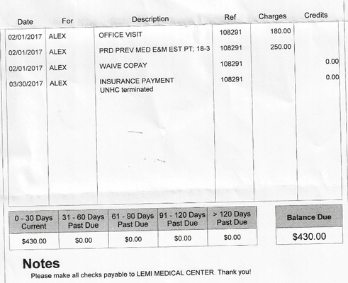 Routine physical. They billed my insurance incorrectly, and sent me this 134 days after my visit with no other information or contact.