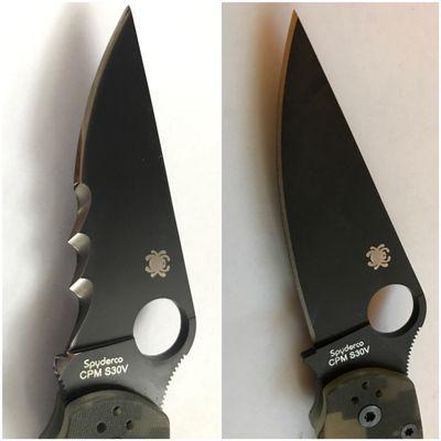 The left is serrated by Tom and sharpened. The right was factory sharp. The difference is pretty incredible.