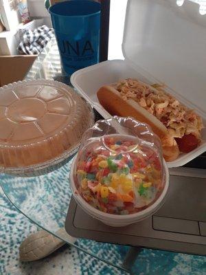 Slaw dog, cheese fries and soft serve with fruity pebbles