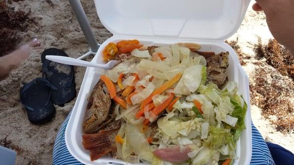 Escovitch snapper ( 2 whole fish) with rice and beans and steamed.veggies.  $12.50