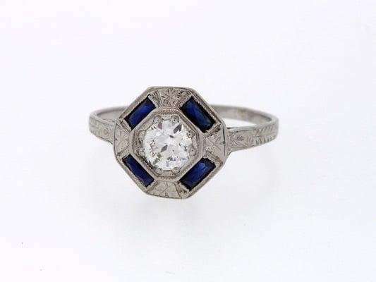 Vintage Estate Diamond Engagement Ring with Sapphires