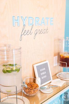 Hydration station offers spa water, hot tea, light snacks for guests