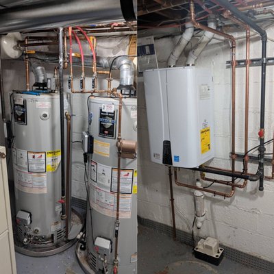 From 2 water heaters to 1 tankless system