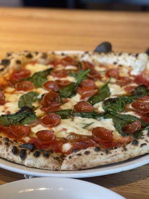 Build your own pizza. Add on top: caramelized onion, spinach and pepperoni