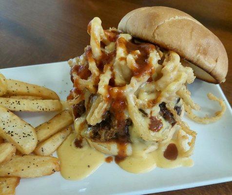 Bistro Smokehouse Burger.  This delicious burger comes with 1/3 Patty, Pulled Pork, Onion Straws and Beer Cheese.